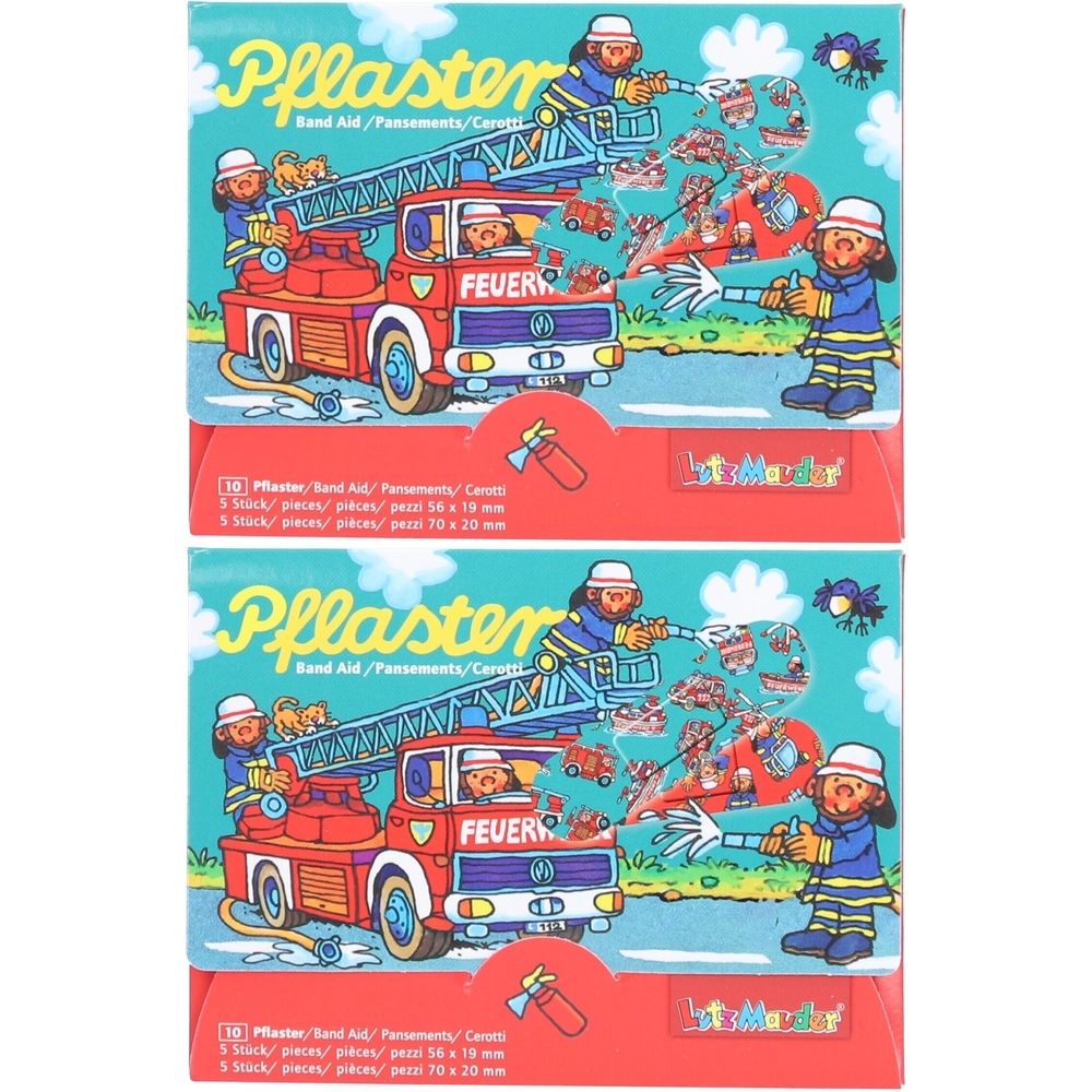Zwei Packungen Pflaster mit Feuerwehr-Motiv. Aufschrift "Pflaster" und "FEUER". Enthält 10 Pflaster, 56 x 19 mm und 5 Pflaster, 70 x 20 mm.