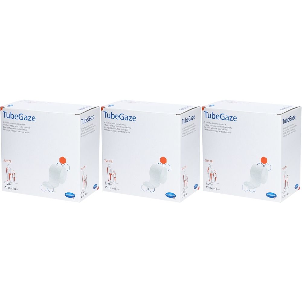 Drei Kartons TubeGaze. Weiße Verpackung mit Produktabbildung und Schriftzug TubeGaze. Orangefarbener Verschluss.