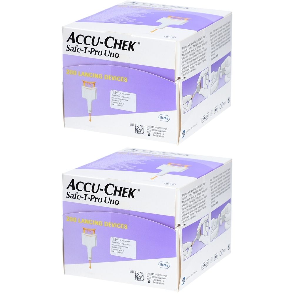 Deux boîtes ACCU-CHEK Safe-T-Pro Uno. Inscription : 100 lancettes. Blanc, violet et jaune. Illustrations sur le côté.