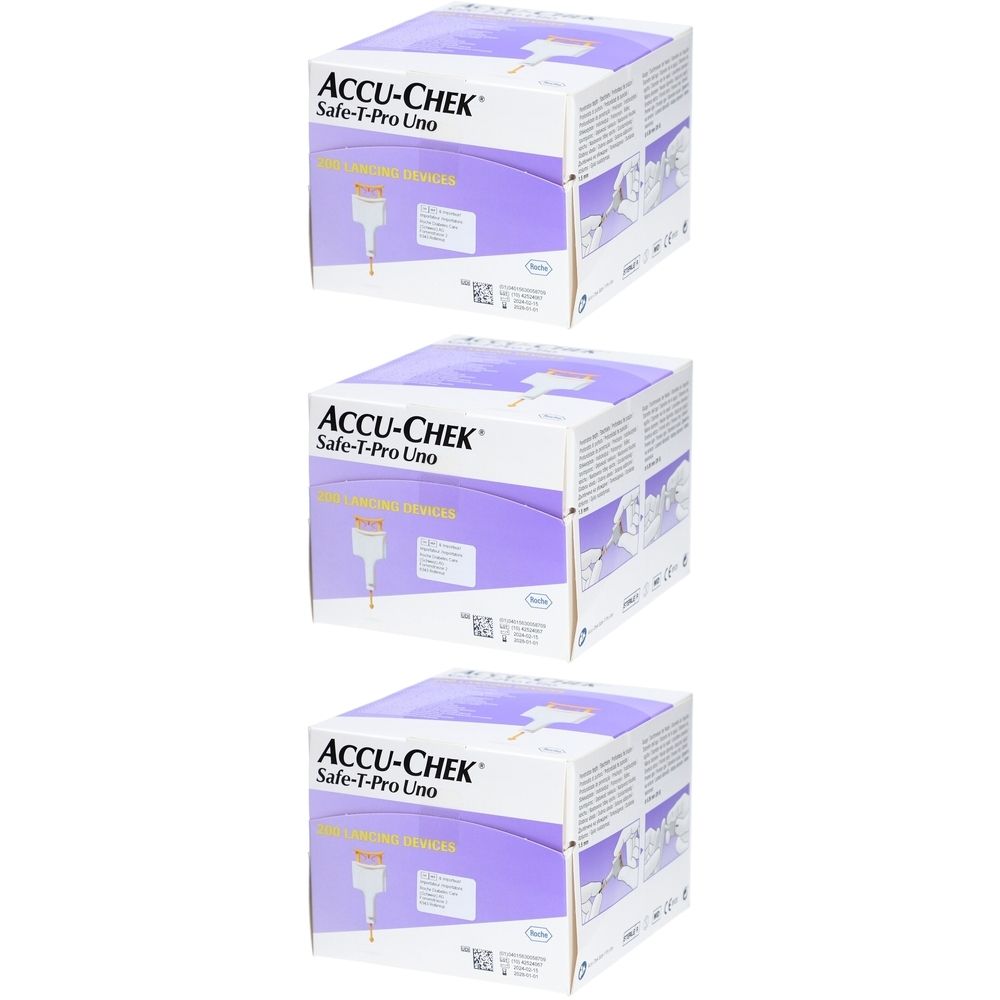 Trois boîtes ACCU-CHEK Safe-T-Pro Uno. Boîtes blanches avec accents violets et nom du produit. Inscriptions et illustrations.