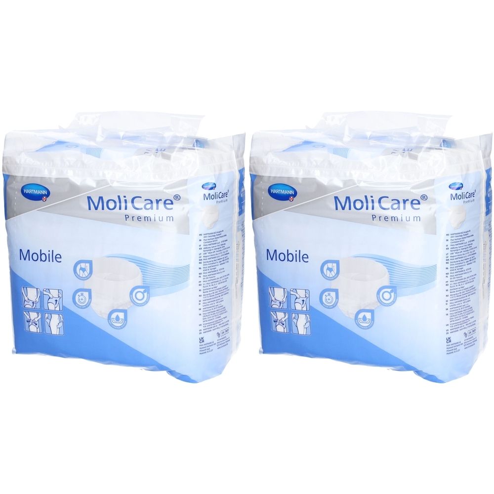 Zwei Packungen MoliCare Premium Mobile. Verpackung mit Produktnamen, Logo und Piktogrammen. Blaue und weiße Farbgebung.