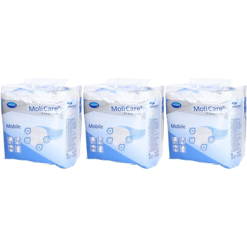Drei Packungen MoliCare® Premium Mobile. Verpackung mit Produktinformationen und Logo. Blaue und weiße Farbgebung.