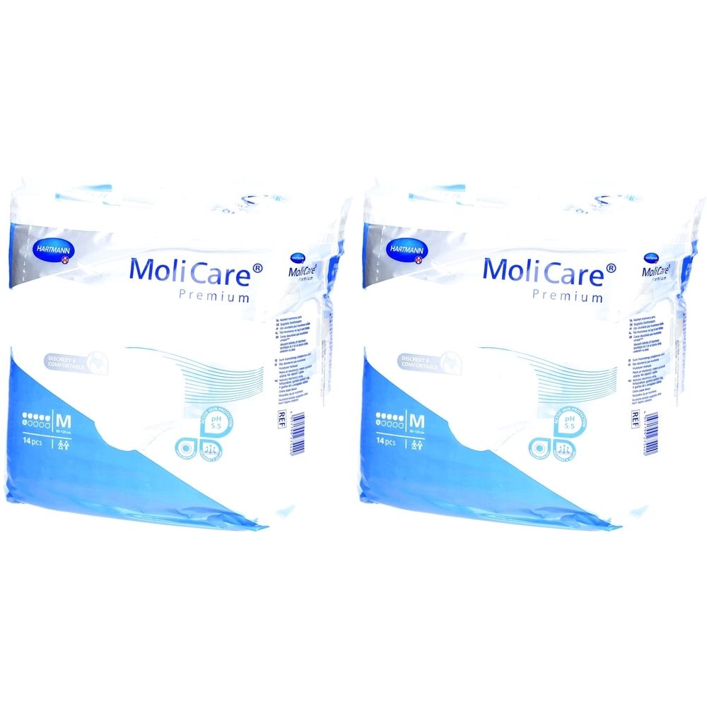 Deux paquets de MoliCare Premium Mobile. Emballage blanc et bleu. Taille M.