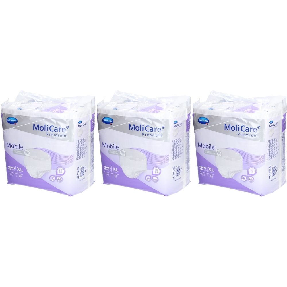 Drei Packungen MoliCare Premium Mobile Windeln, Größe XL. Verpackung mit Produktabbildung und Schriftzug.