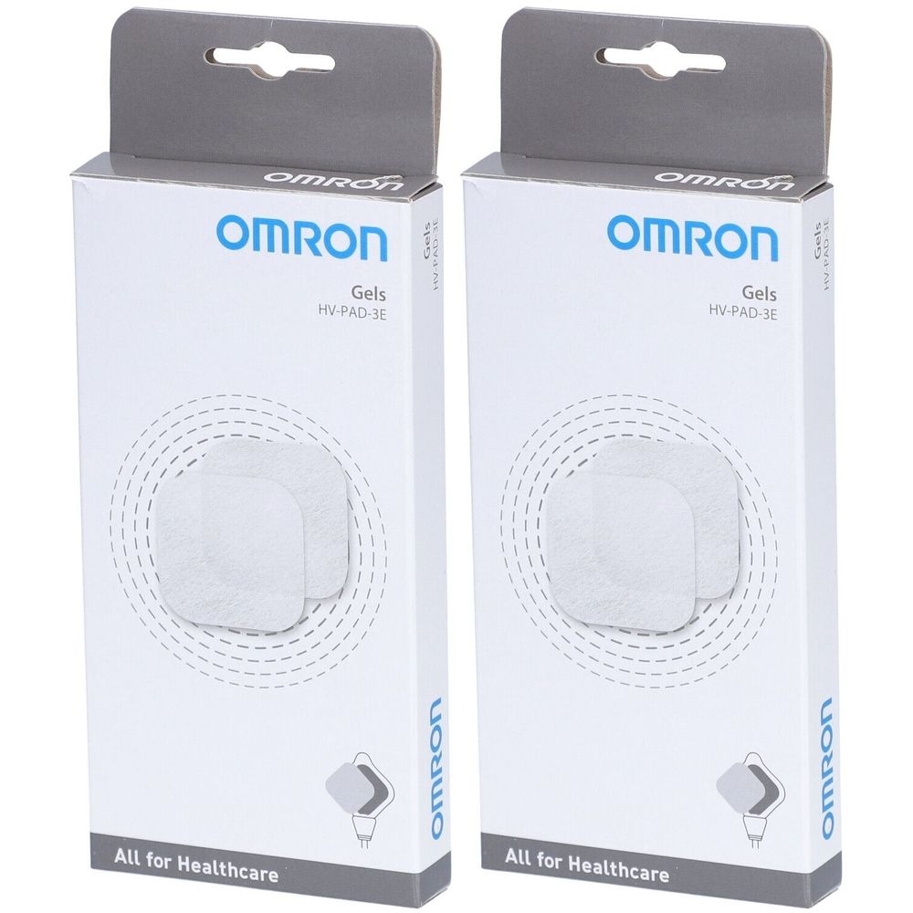 Zwei OMRON-Verpackungen mit Gel Pads. Weiße Kartons mit Produktnamen und Logo. Aufschrift: All for Healthcare.