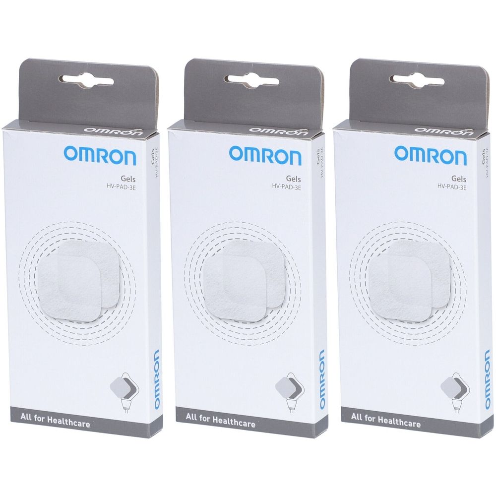 Trois boîtes de coussinets de gel OMRON. Boîtes blanches avec image du produit et logo de la marque. Texte : "All for Healthcare".