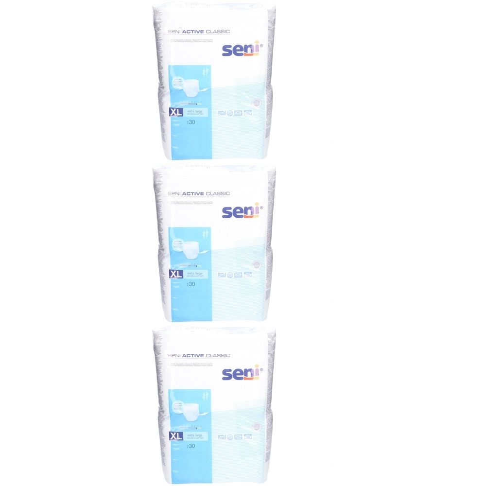 Trois paquets de sous-vêtements jetables élastiques SENI Active Klassische XL. Emballage blanc avec des accents bleus et logo.