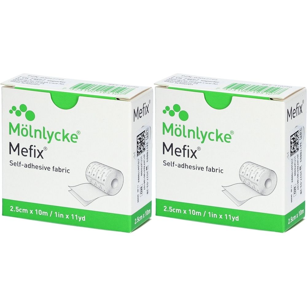 Zwei Kartons Mefix Vliespflaster. Aufdruck: Mölnlycke, Mefix, selbstklebendes Gewebe. Größe: 2,5 cm x 10 m.