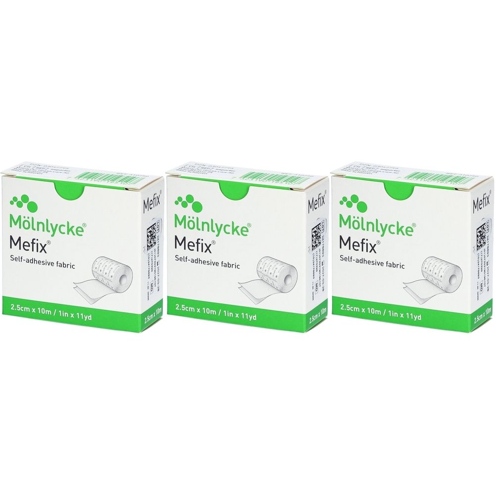 Drei Packungen Mefix Vliespflaster. Auf jeder Packung steht Mölnlycke, Mefix, selbstklebendes Gewebe und die Größe 2,5 cm x 10 m.