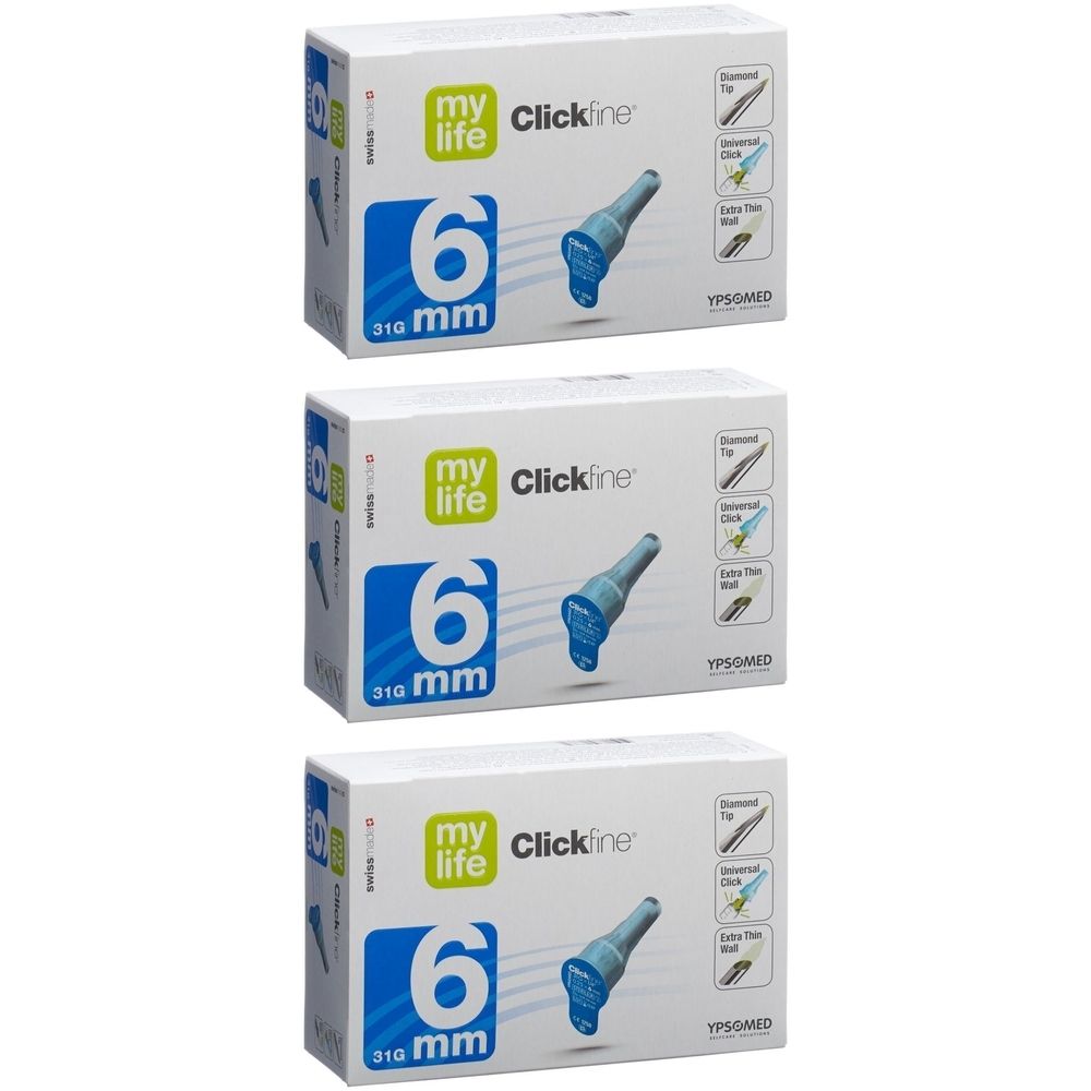 Drei Schachteln mit Produkt. Auf jeder Schachtel steht "my life Clickfine", "6 mm" und eine Abbildung einer Nadel.