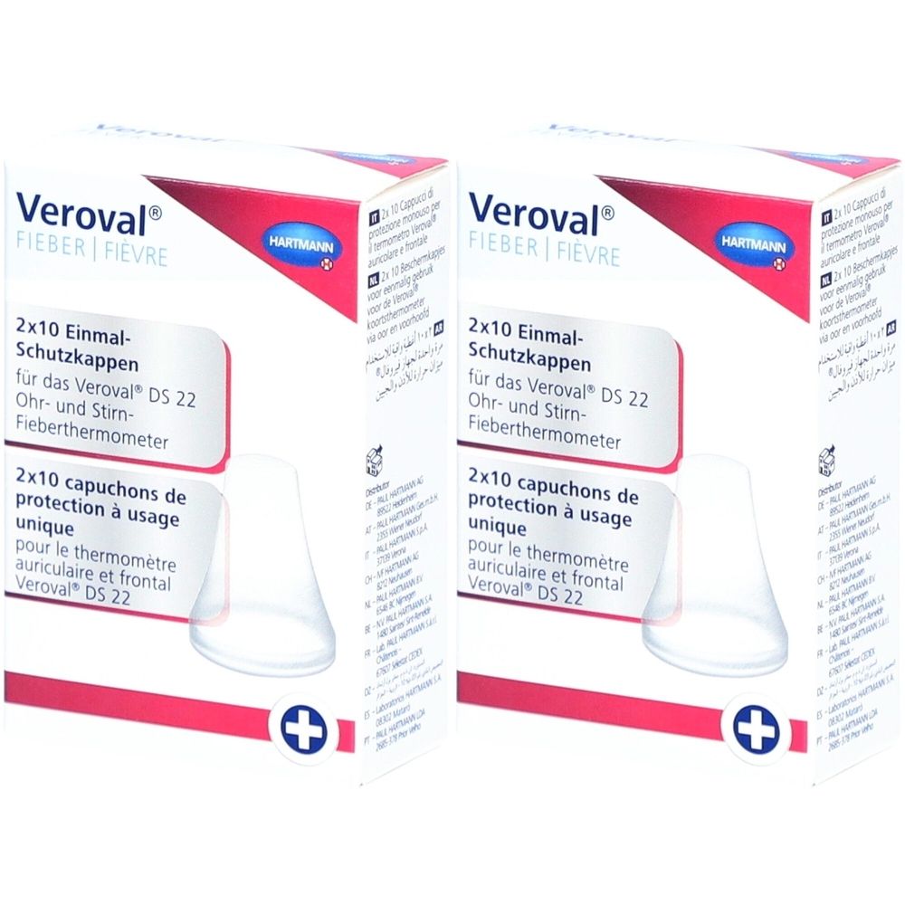 Zwei Packungen Veroval® Fieber-Schutzkappen. Jede Packung enthält 2x10 Einmal-Schutzkappen für Ohr- und Stirn-Fieberthermometer.