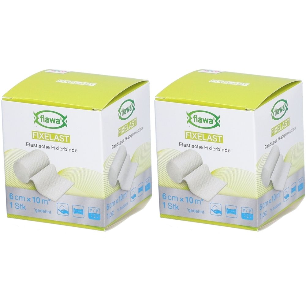 Deux boîtes de bandage de fixation Flawa Fixelast. Impression : 6cmx10m, 1 pièce. Emballage blanc et vert avec illustration du produit.