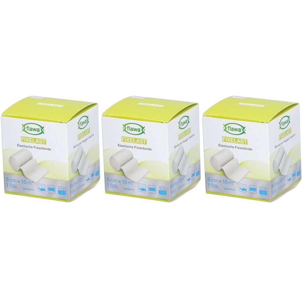 Trois boîtes de Flawa Fixelast. Inscription : 6cmx10m, 1 pc. Emballage vert et blanc avec illustration du produit.