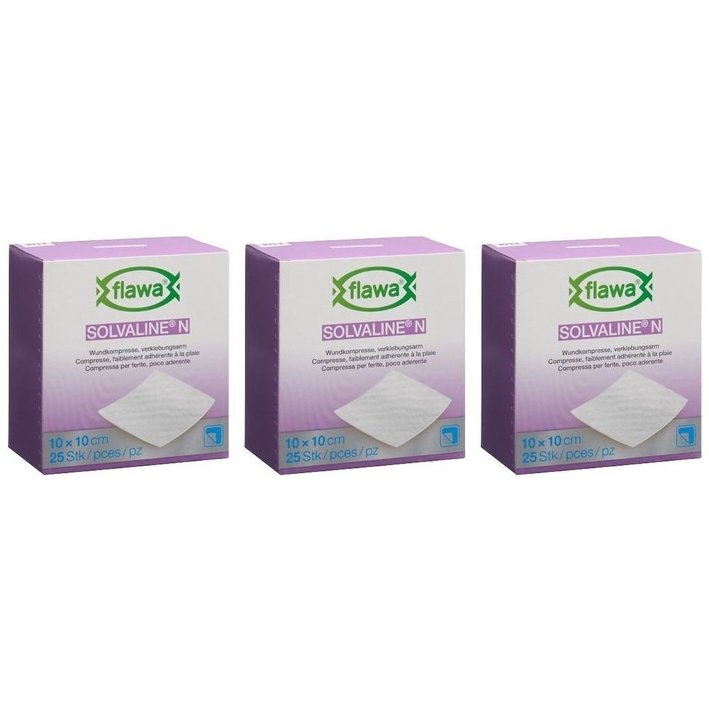 Drei Packungen Flawa Solvaline N Kompressen. Jede Packung zeigt das Produkt und die Größe 10x10 cm, 25 Stück.