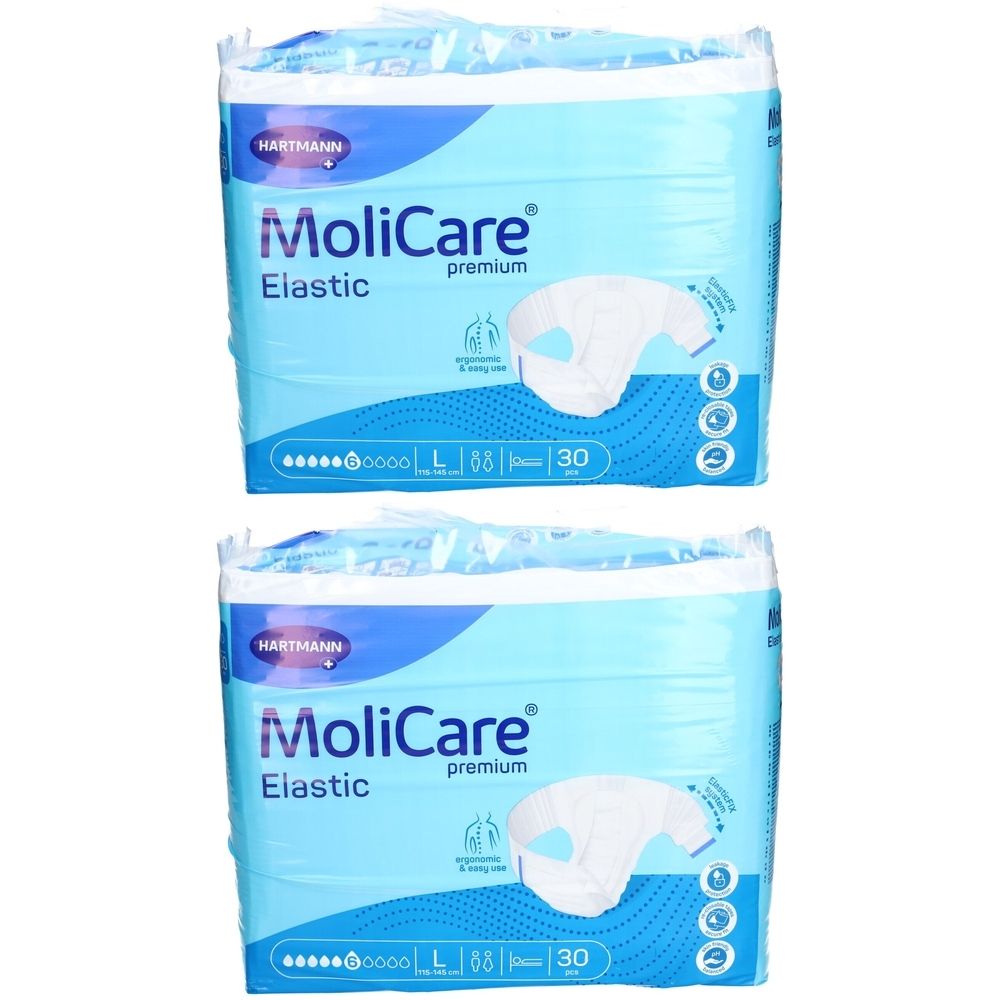 Deux paquets de couches MoliCare Premium Elastic. Inscription : HARTMANN, MoliCare, Elastic, premium. Taille L, 30 pièces.
