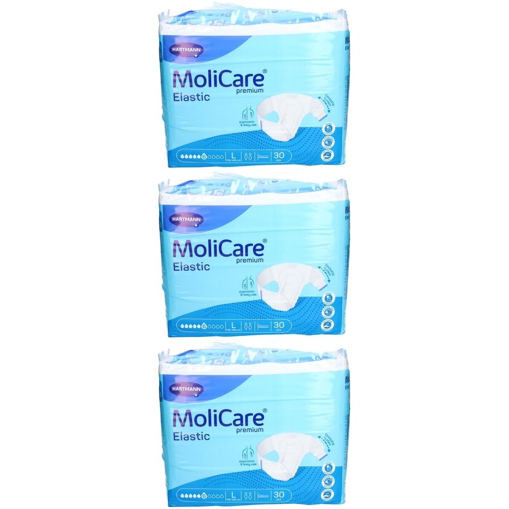 Trois paquets de MoliCare Premium Elastic L. Emballage bleu avec image du produit et texte.