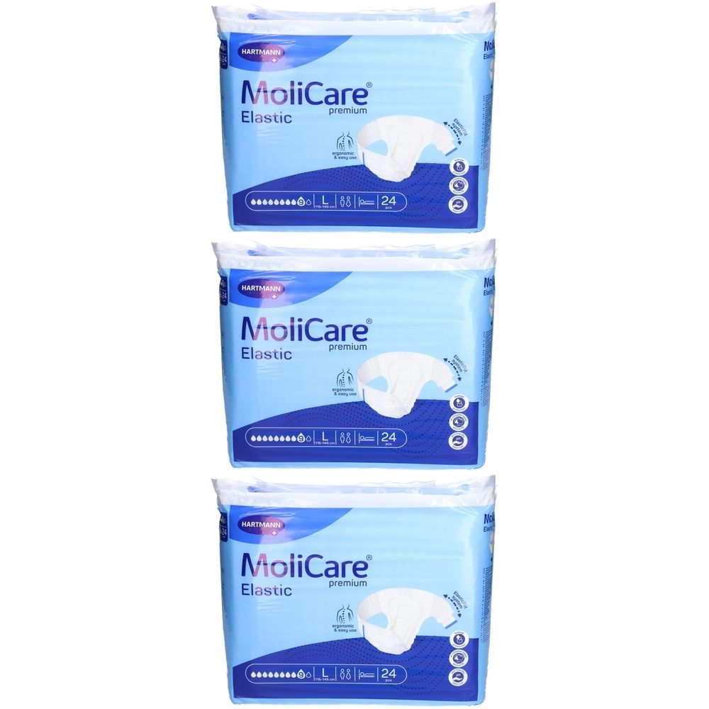 Trois paquets de MoliCare Premium Elastic L 9 gouttes. Emballage bleu avec image du produit et texte.
