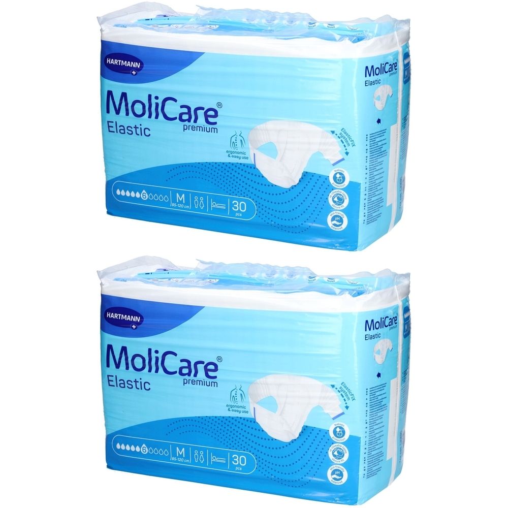 Zwei Packungen MoliCare Premium Elastic M. Blaue Verpackung mit Produktinformationen und Logo. 30 Stück pro Packung.