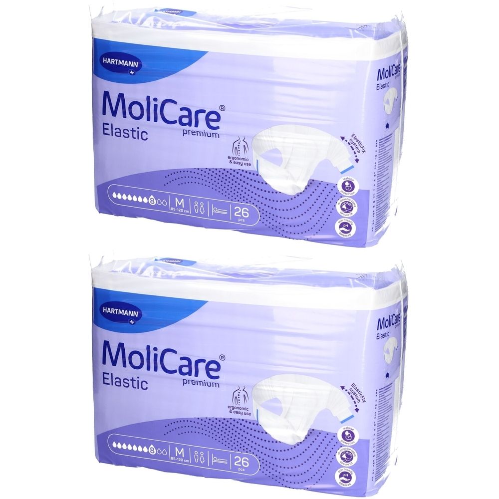 Deux paquets de MoliCare Elastic Premium M. Emballage avec image du produit et informations.