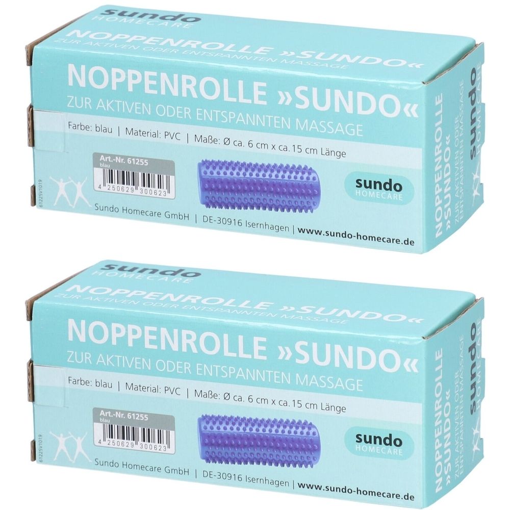 Zwei blaue Sundo Noppenrollen in Verpackung. Aufdruck: Noppenrolle, Farbe blau, Material PVC, Maße ca. 6 cm x 15 cm.