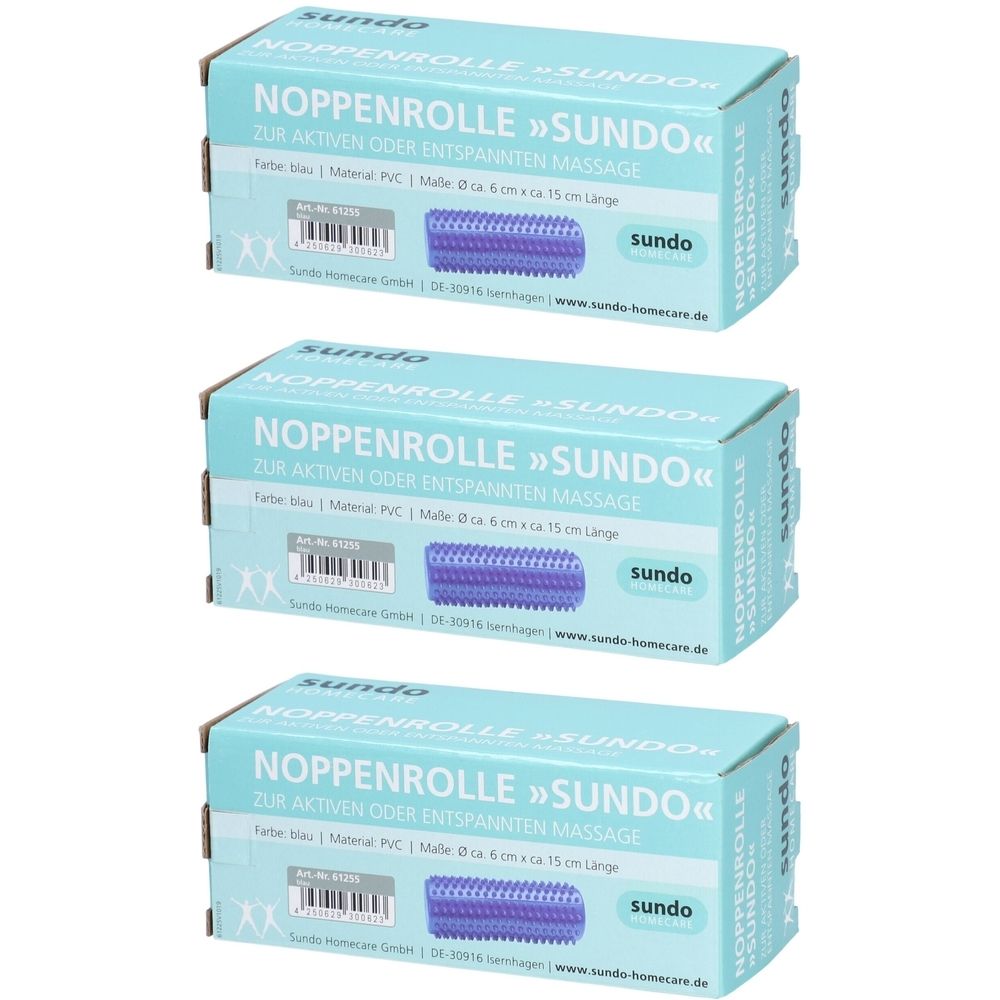 Drei Produktverpackungen. Aufschrift: NOPPENROLLE »SUNDO«. Farbe: blau. Material: PVC. Maße: ø 6 cm x ca. 15 cm. Mit Noppen. Marke: sundo.