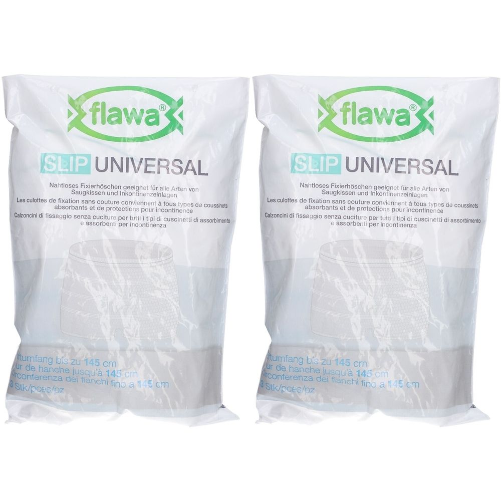 Zwei weiße Beutel mit Produktaufdruck. Aufschrift: flawa SLIP UNIVERSAL. Hüftumfang bis 145 cm.