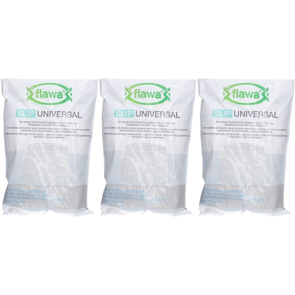 Trois emballages blancs avec le logo "flawa" et l'inscription "SLIP UNIVERSAL".