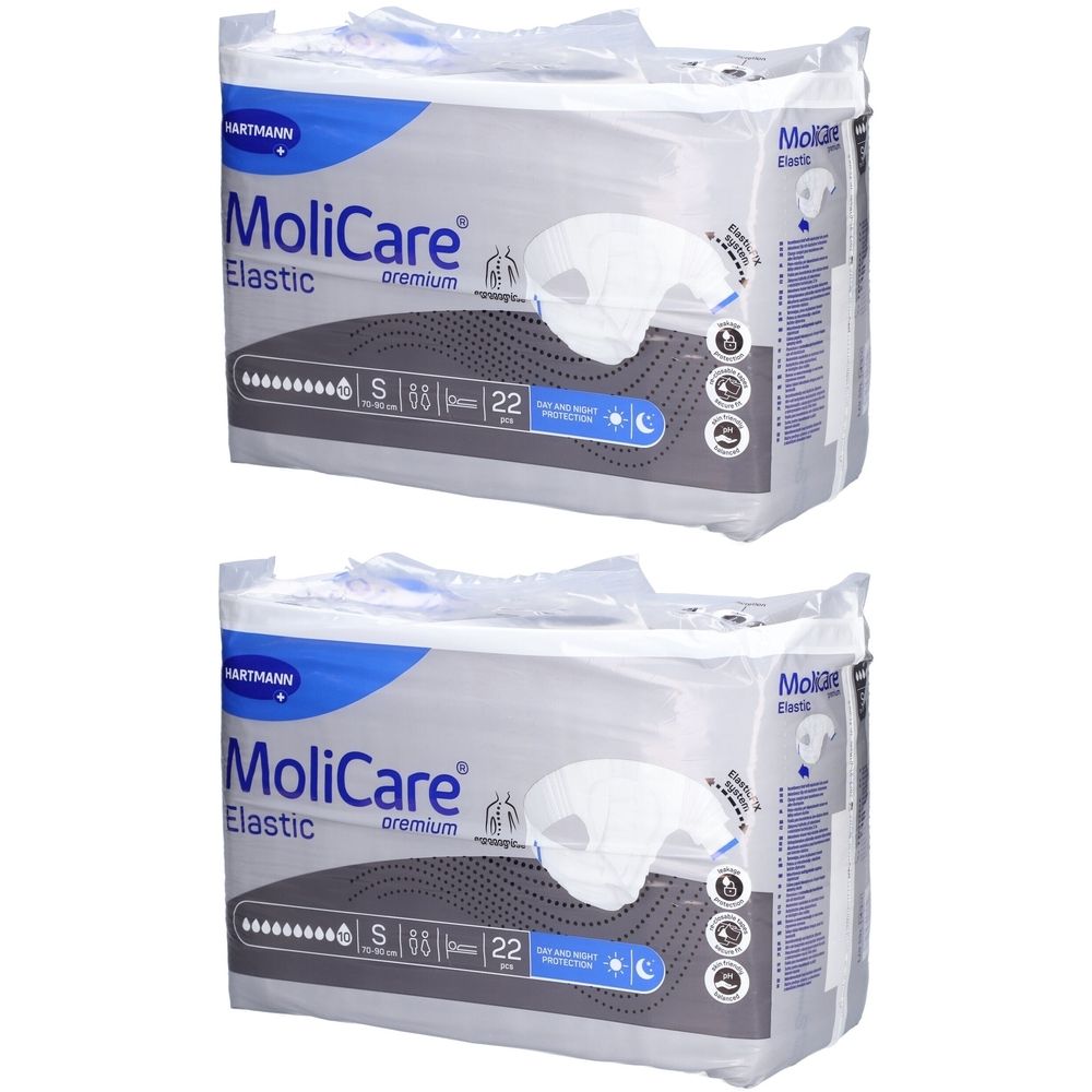 Deux paquets de couches MoliCare Elastic Premium. Emballage avec informations et logo. Taille S, 22 unités.