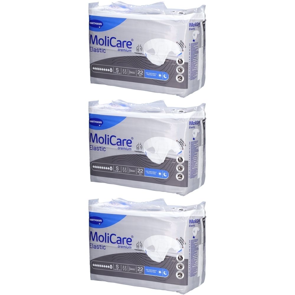 Trois paquets de MoliCare Premium Elastic. Inscription : Elastic, S, M, 22. Symbole de nuit. Emballage gris et blanc.