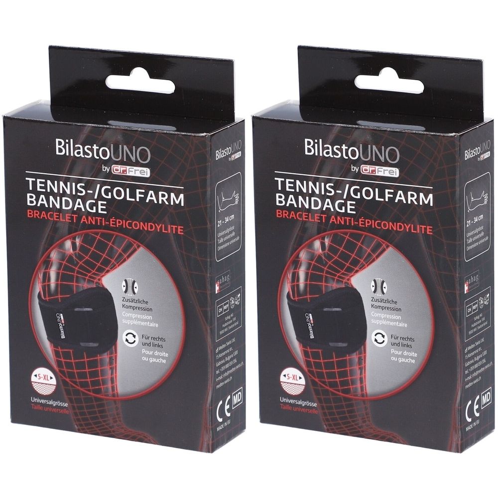 Zwei Produktverpackungen. Aufschrift: BilastoUNO, Tennis-/Golfarm Bandage, Armband Anti-Epicondylite. CE-Kennzeichnung.