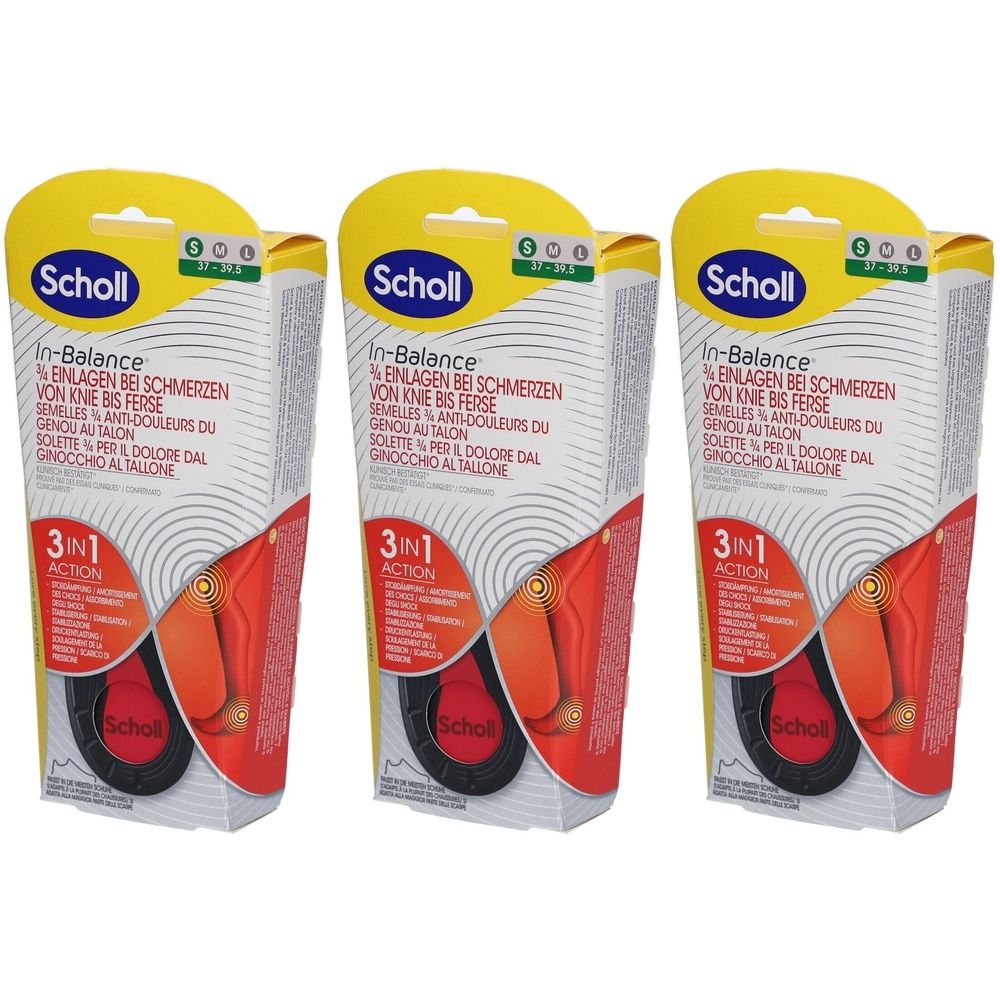 Drei Packungen Scholl In-Balance Einlegesohlen. Verpackung mit Produktabbildung und Produktinformationen. Gelb-weiß-rote Farbgebung.
