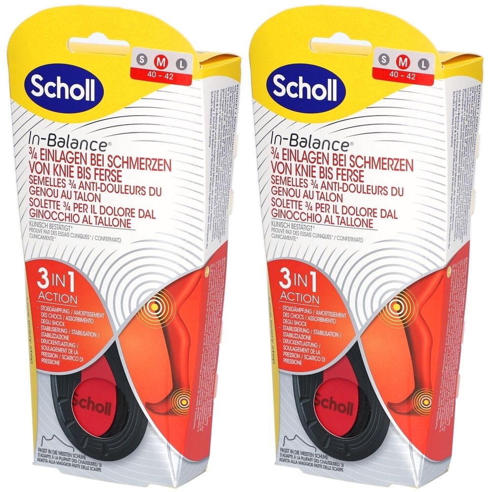 Deux boîtes de semelles Scholl In-Balance. Design jaune et blanc avec nom du produit et indication de taille. Contient des semelles avec fonction 3-en-1.