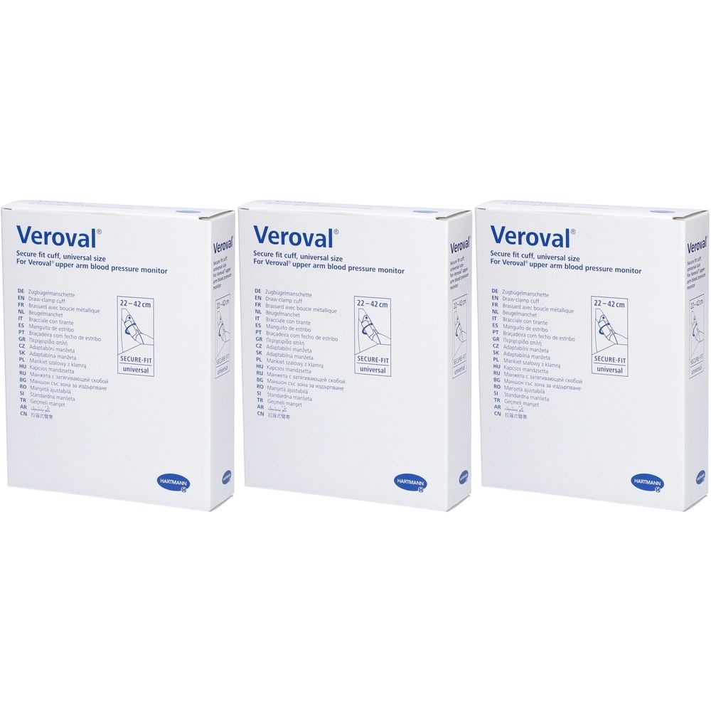 Trois boîtes blanches pour brassard de tensiomètre Veroval®. Inscription : Veroval, Secure fit cuff, taille universelle, 22-42 cm.