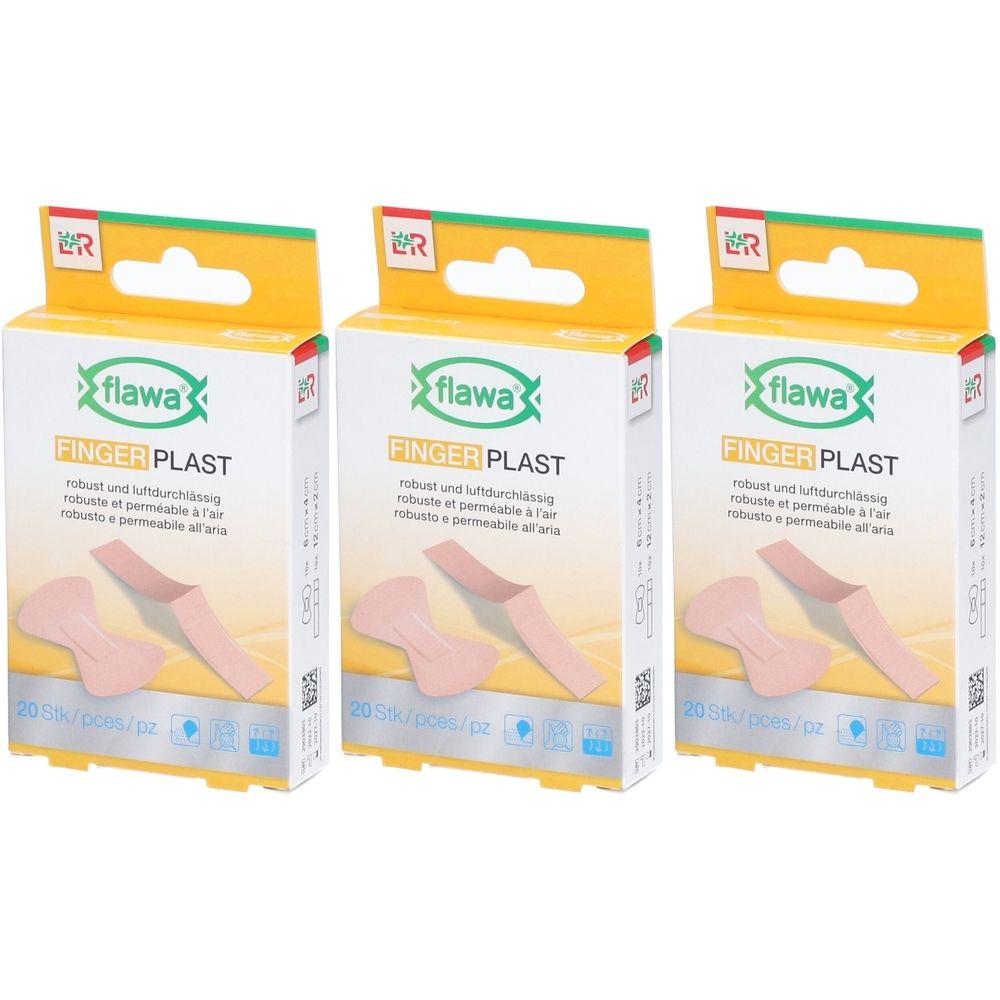 Trois boîtes de pansements pour doigts. Inscription : flawa FINGER PLAST. 20 pièces par boîte. Emballage jaune et vert avec découpe.