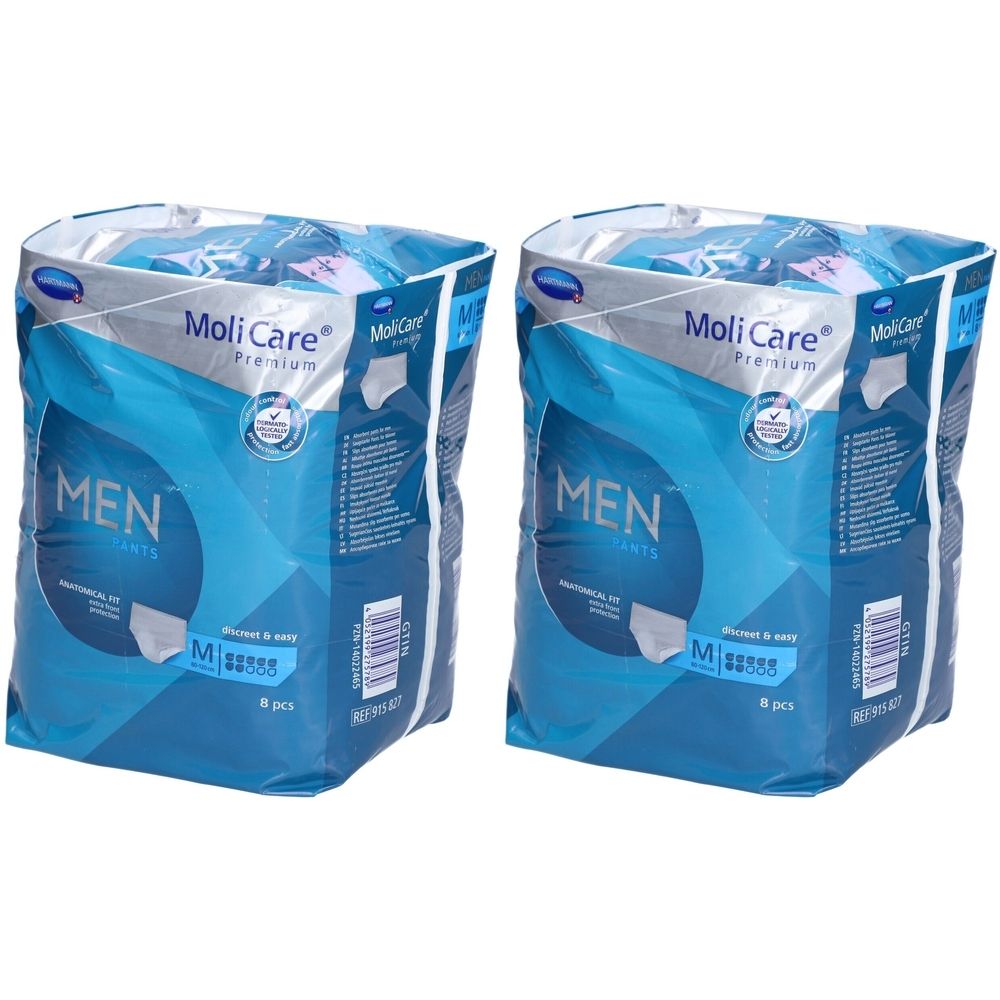 Deux paquets de MoliCare Premium MEN PANTS. Emballage bleu avec nom du produit et logo. Taille M, 8 pièces.