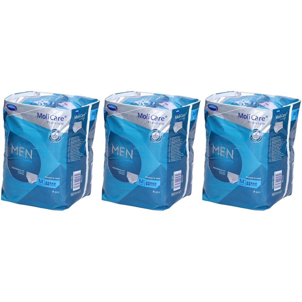 Trois paquets de MoliCare Premium MEN PANTS. Emballage bleu avec nom du produit et logo. Taille M.