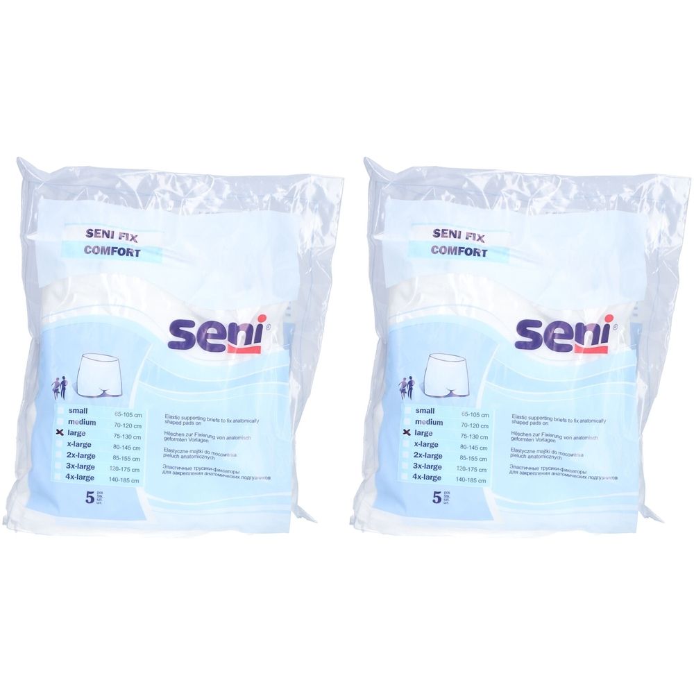 Deux paquets de SENI Fix Comfort taille L en emballage plastique. Inscriptions : SENI, Comfort, indications de taille, 5 pièces.