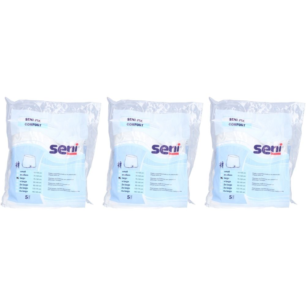 Trois paquets de Seni Fix Comfort. Chaque paquet montre un produit blanc emballé dans un sac en plastique transparent. Des impressions sont visibles.