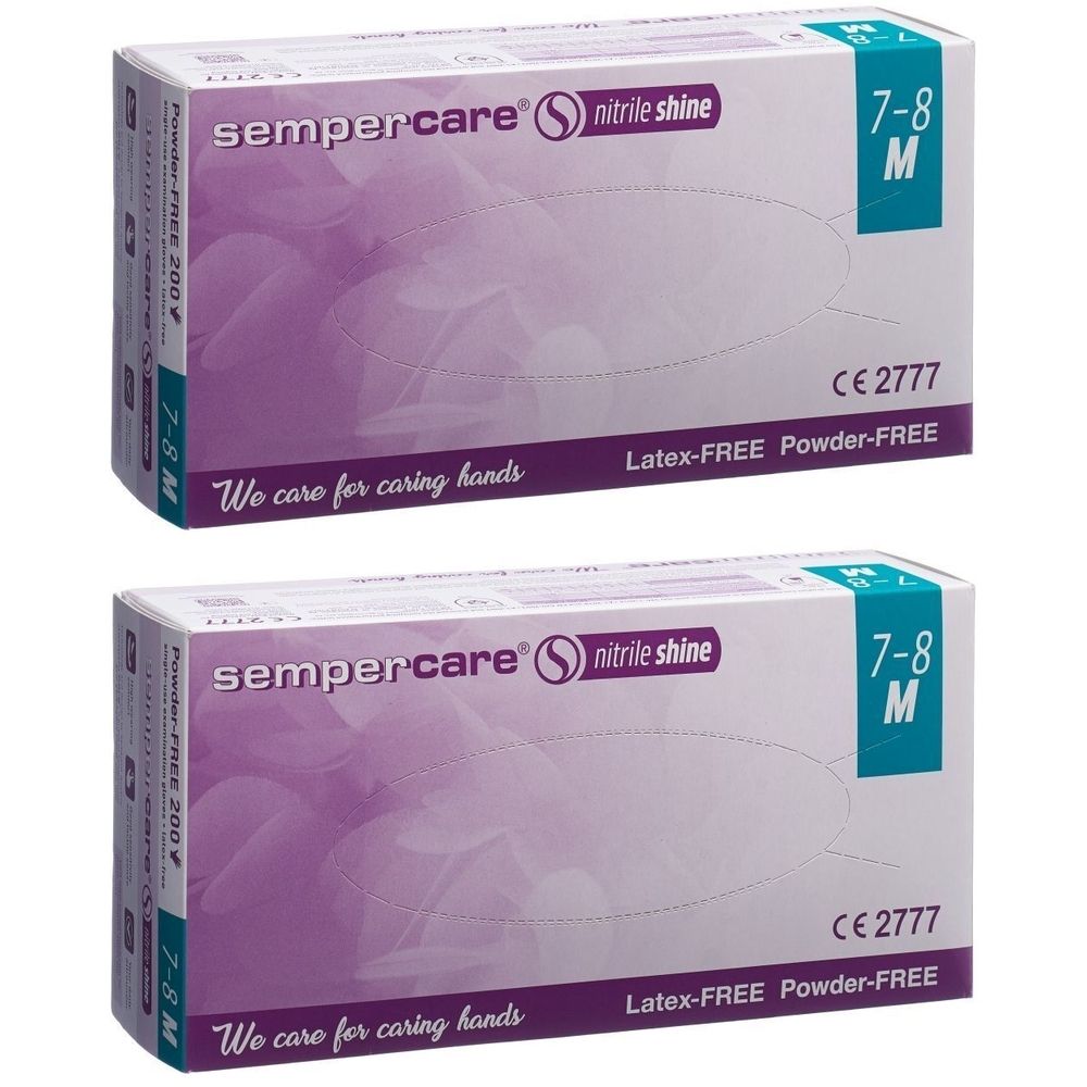 Deux boîtes de sempercare® Nitrile Shine M. Inscription : Latex-FREE, Powder-FREE, marquage CE. Taille 7-8 M.