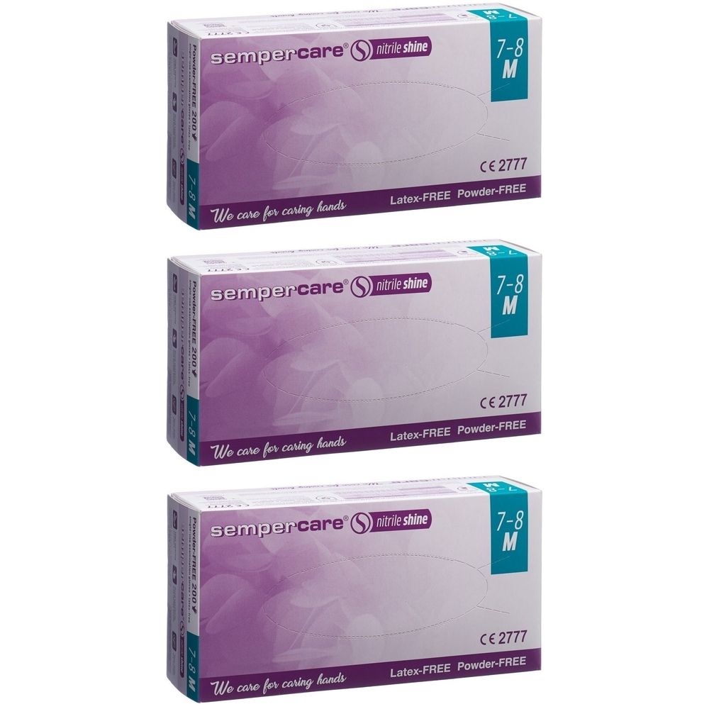 Trois boîtes sempercare® Nitril Shine M. Taille 7-8 M. Sans latex et sans poudre. CE 2777.