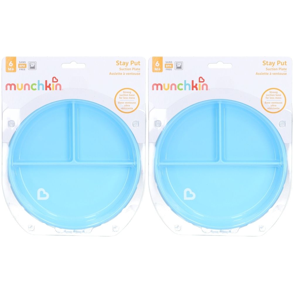 Deux assiettes bleues avec ventouses. Chaque assiette a trois compartiments et est emballée avec la marque "munchkin".