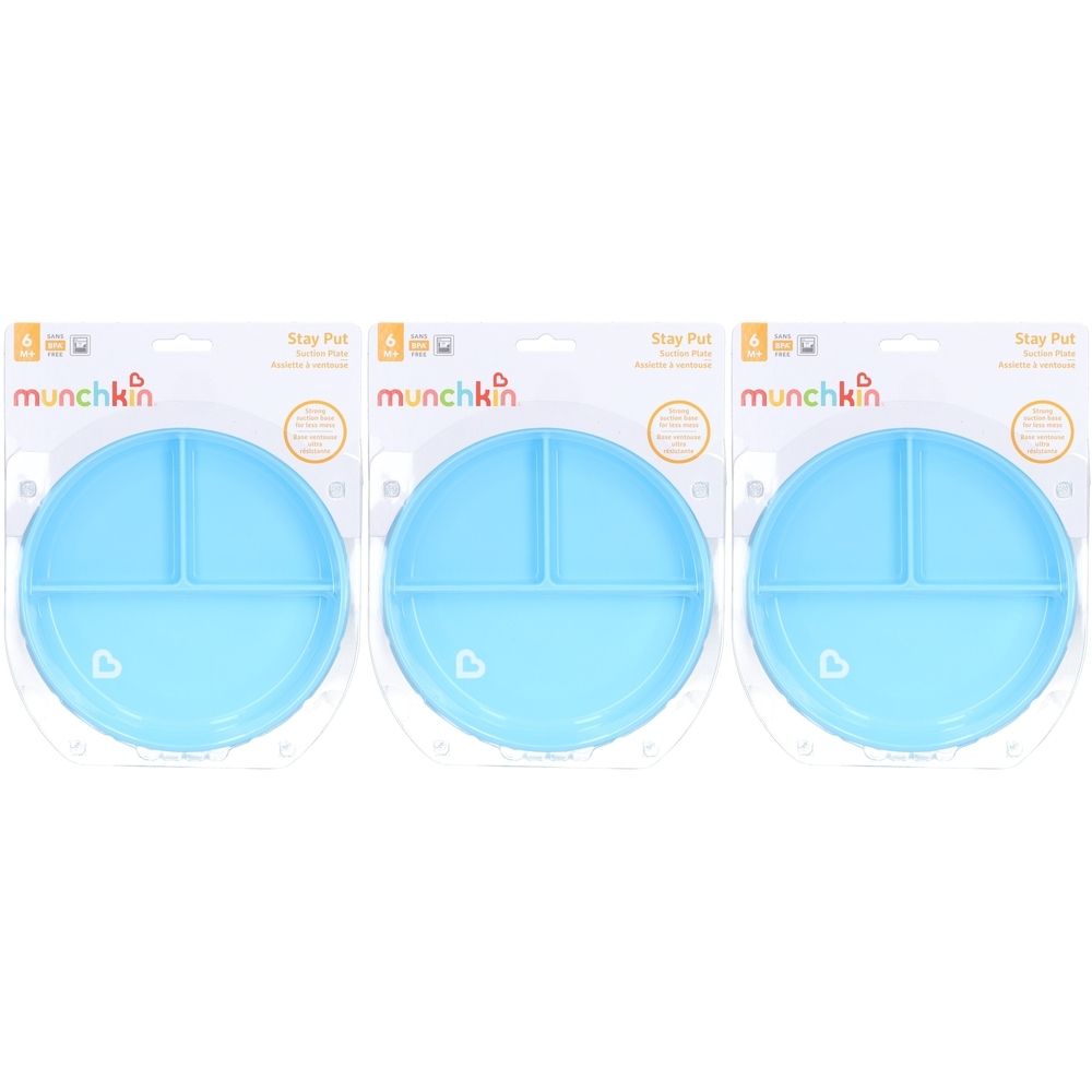 Trois assiettes bleues à ventouses. Chaque assiette a trois compartiments. L'emballage affiche la marque Munchkin.