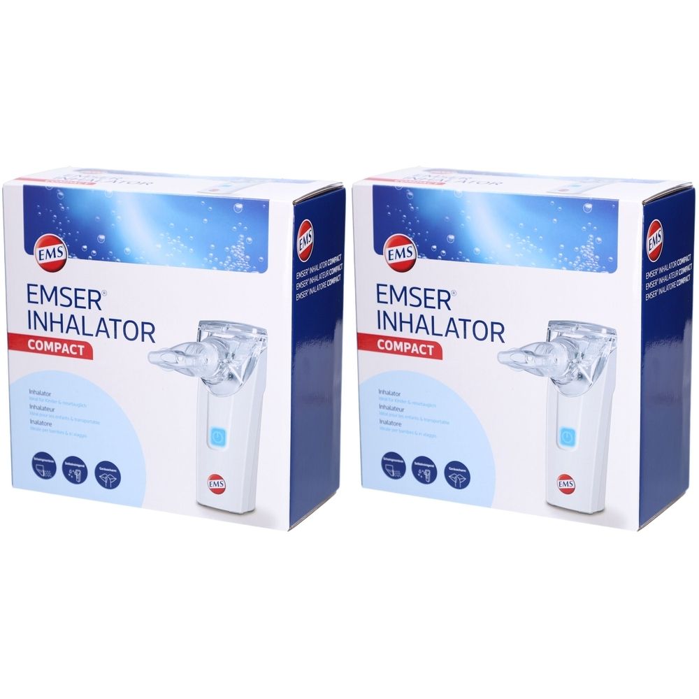 Deux boîtes d'EMSER Inhalator Compact. Chaque boîte présente un inhalateur blanc avec un embout buccal transparent. Accents bleus et rouges.