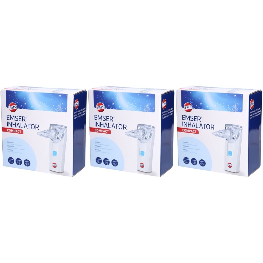 Trois boîtes d'EMSER Inhalator Compact. Chaque boîte présente le produit et le nom de la marque. L'emballage est blanc et bleu.
