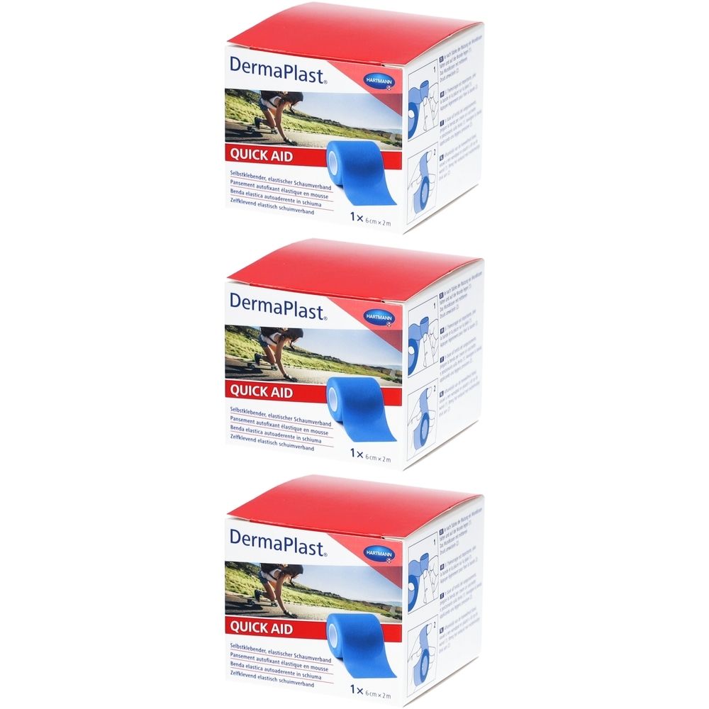 Trois boîtes avec le dessus rouge et le dessous blanc. Sur chaque boîte, "DermaPlast Quick Aid". Rouleau bleu visible.