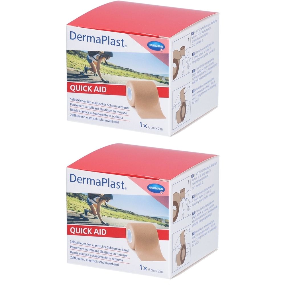 Zwei Kartons Dermaplast Quick Aid Wundabdeckverband. Rote Deckel, weiße Seiten mit Produktabbildung und Text. Beige Verbandrolle sichtbar.