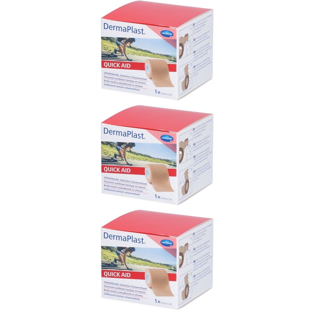 Drei Verpackungen von Dermaplast Quick Aid Wundabdeckverband. Rote und weiße Schachteln mit Produktabbildung und Text.