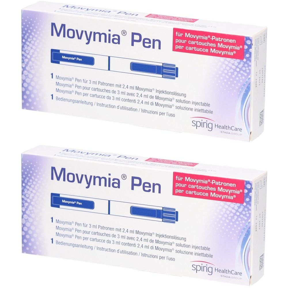 Zwei weiße Kartons mit der Aufschrift "Movymia Pen". Text in Deutsch, Französisch und Italienisch. Marke: spirig HealthCare.