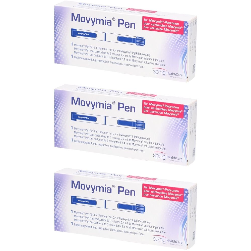 Trois boîtes blanches avec l'inscription "Movymia Pen". Chaque boîte contient des informations sur le produit et le logo spring HealthCare.
