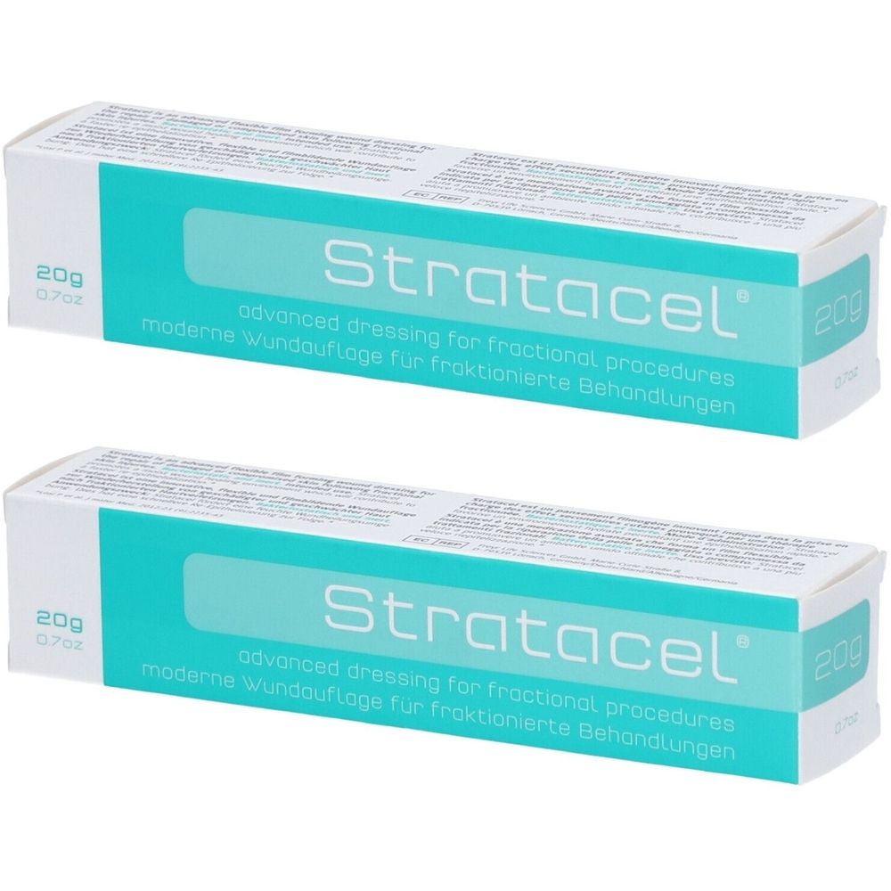 Deux boîtes de STRATACEL. Boîtes blanches avec bande turquoise et nom du produit. Inscription : pansement moderne pour traitements fractionnés.